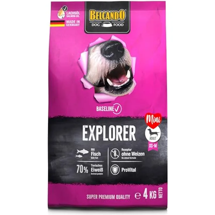 Belcando Baseline Explorer, Hunde-Trockenfutter für kleine und mittlere Rassen mit 70% tierischem Eiweiß, 4kg