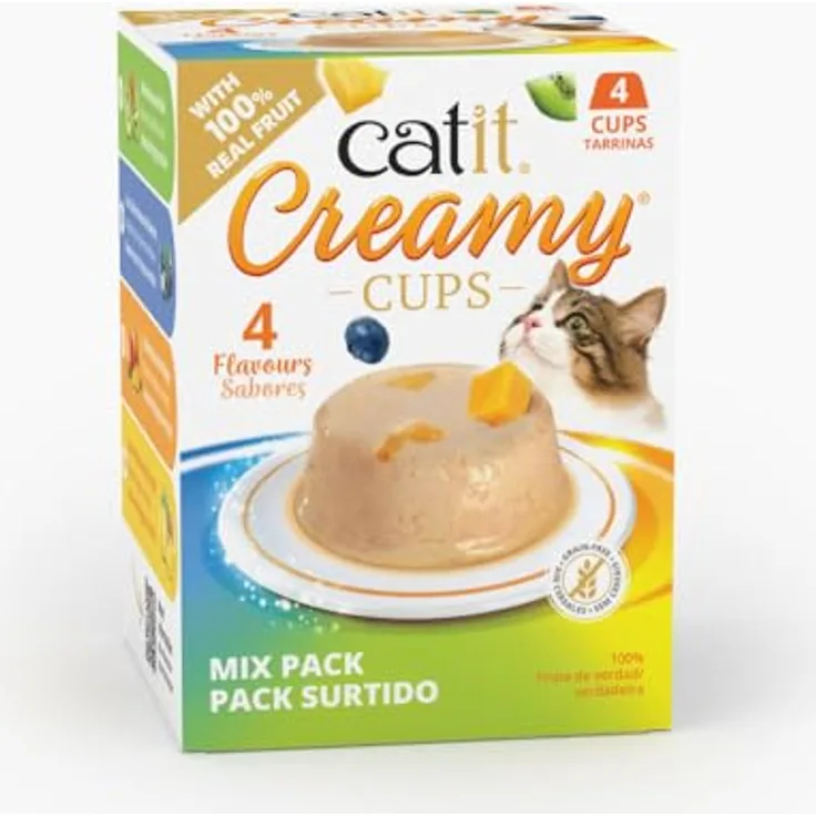 Catit Creamy Cups Mix-Pack, cremiges Mousse mit echten Fruchtstücken, 4x25g, getreidefrei