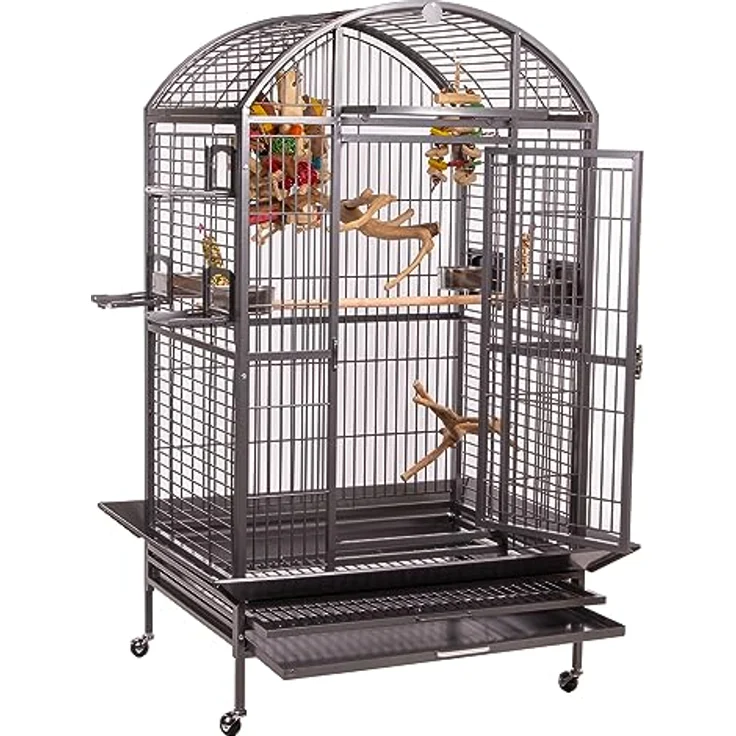 Montana Cages Hacienda Dome Vogelvoliere, Papageienkäfig für kleine- & mittelgroße Papageien, 4 Edelstahlnäpfe, Anflugklappe, Antik Edition, ca. 91 x 71 x 165 cm – Bild 3