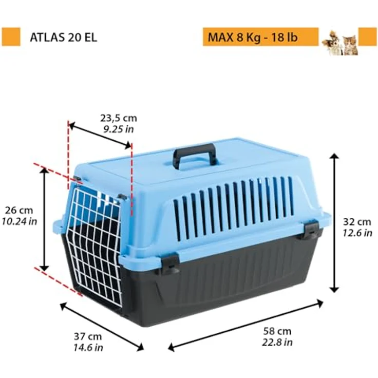 Ferplast ATLAS 20 EL, Transportbox für Katzen und kleine Hunde bis 8 kg, Hartschale mit plastifizierter Eisentür und Lüftungsschlitzen, 37 x 58 x H 32 cm, Hellblau – Bild 2