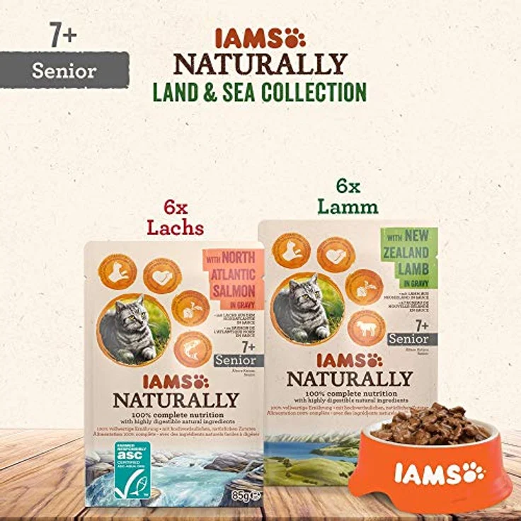 IAMS Naturally Senior Katzenfutter Nass in Sauce, 12 x 85 g, mit Lachs und Lamm für ältere Katzen, Land & Sea Collection, ohne künstliche Zusätze – Bild 3