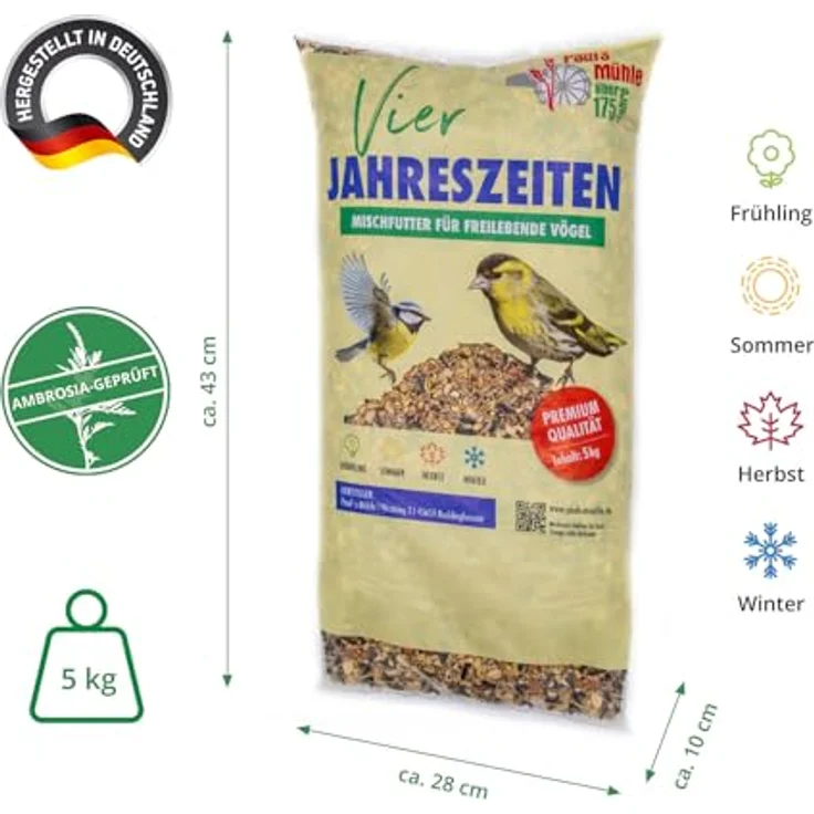 Paul´s Mühle Wildvogelfutter 4-Jahreszeiten, Ganzjahresfutter für Wildvögel, 5 kg, mit hochwertigen Zutaten, geeignet für Meisen, Amseln und Drosseln – Bild 4