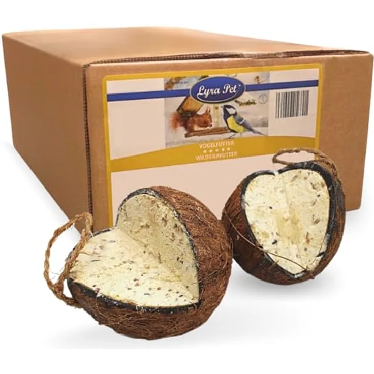 Lyra Pet® 3 x 4 Ganze Kokosnüsse mit V-Cut, Energiereiches Vogelfutter mit fetthaltiger Füllung, Ganzjahres Fettfutter für Wildvögel
