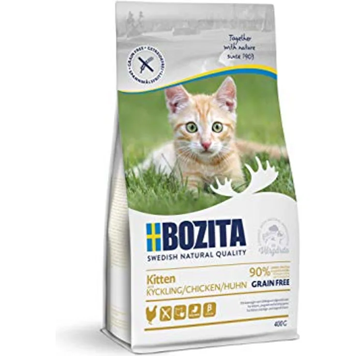 Bozita Kitten Getreidefrei Huhn, 400g Trockenfutter mit 34% Protein und 20% Fett für junge Katzen und säugende Muttertiere, unterstützt Wachstum und gesunden Magen