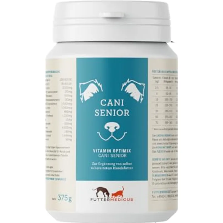 Futtermedicus Vitamin Optimix Cani Senior, 375 g Ergänzungsfuttermittel für alte Hunde, mit B-Vitaminen, Zink & Vitamin E, für seniorengerechte Koch- und Barf-Rationen