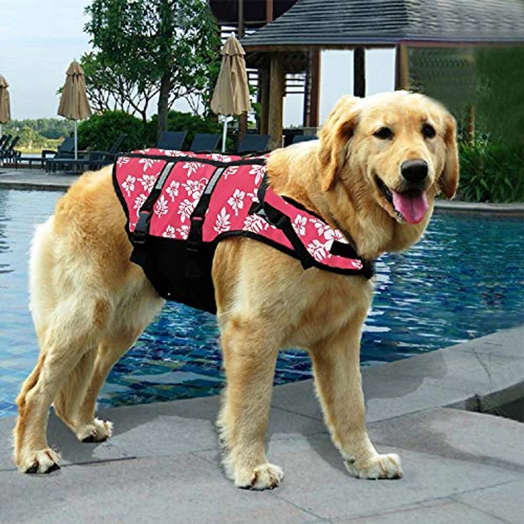Izefia Hund Schwimmweste XL, Sicherheitsmantel mit Griff und reflektierenden Streifen, Rot Blume – Bild 4