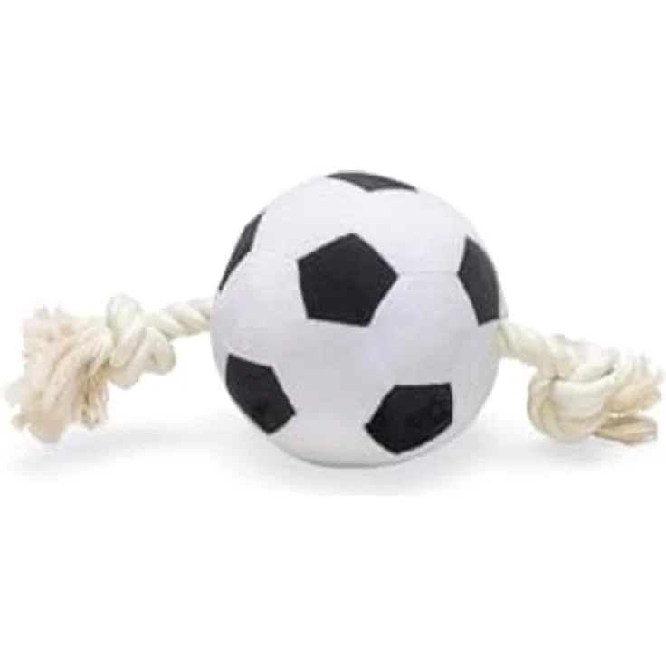Beeztees Hundespielzeug Fußball mit Seil, plüschig, schwarz/weiß, für Apportieren und Zerrspiele – Bild 1