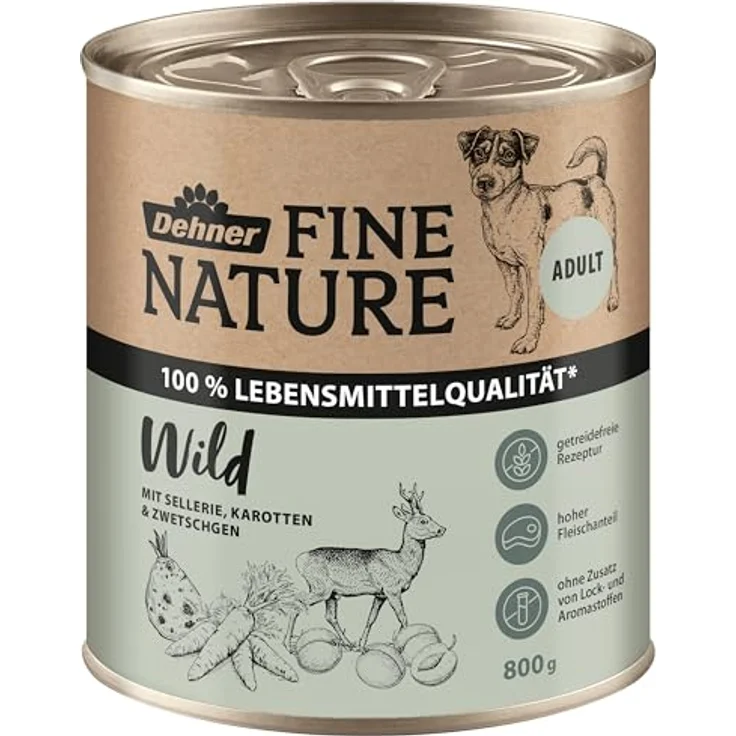 Dehner Fine Nature Hundefutter, Nassfutter in Lebensmittelqualität, getreidefrei für ausgewachsene Hunde, Wild mit Sellerie und Karotten, 6 x 800 g Dose (4.8 kg) – Bild 2