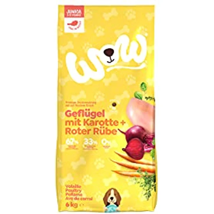 Wow Junior Geflügel mit Karotte, Premium-Hundefutter für heranwachsende Hunde, 6 kg, getreidefrei und reich an Frischfleisch – Bild 1
