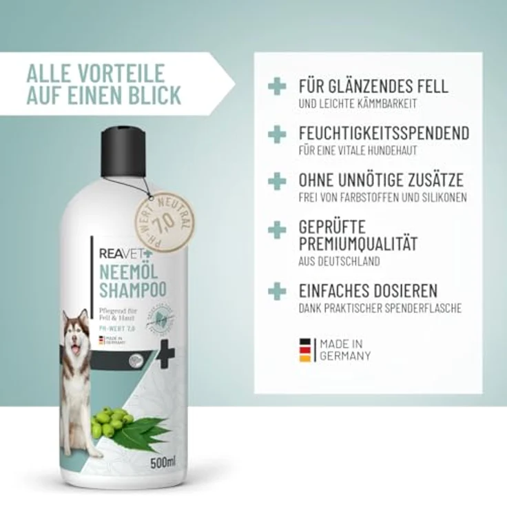 ReaVET Neemöl Shampoo für Hunde 500ml - Beruhigend gegen Juckreiz, Flöhe & Zecken, Hautfreundlich, Pflegend, Leicht kämmbar, Für alle Rassen geeignet – Bild 2