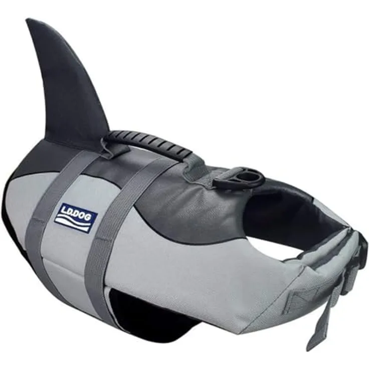 Aokay Hundeschwimmweste Hai, Verstellbare Rettungsweste mit robustem Griff, Größe S, Grau