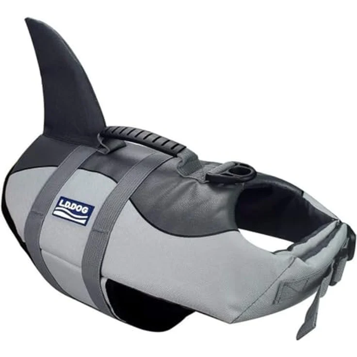 Aokay Hundeschwimmweste Hai, Verstellbare Rettungsweste mit robustem Griff, Größe S, Grau – Bild 1