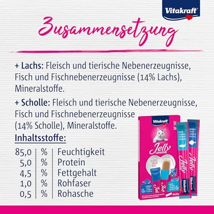 Vitakraft Jelly Lovers, Katzen Leckerli, Gelé Katzensnack mit Lachs und Scholle, ohne Zuckerzusatz, 6x15g – Bild 5