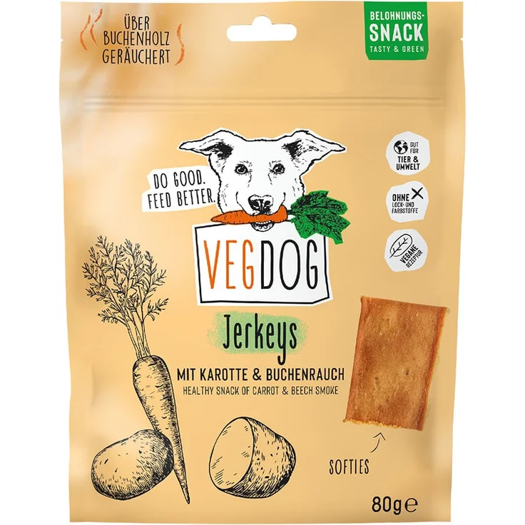 VEGDOG JERKEYS, Pflanzlicher Hundesnack, 80 g, vegan und getreidefrei