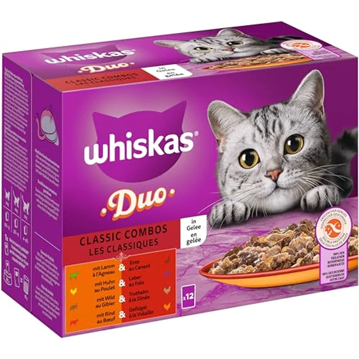 WHISKAS Duo Nassfutter Portionsbeutel Multipack, Classic Combo in Gelee, 12 x 85g, 4 Geschmacksrichtungen mit Rind, Geflügel, Lamm, Ente, Huhn, Leber, Pute, Wild, enthält alle Nährstoffe für eine gesunde Katze – Bild 2