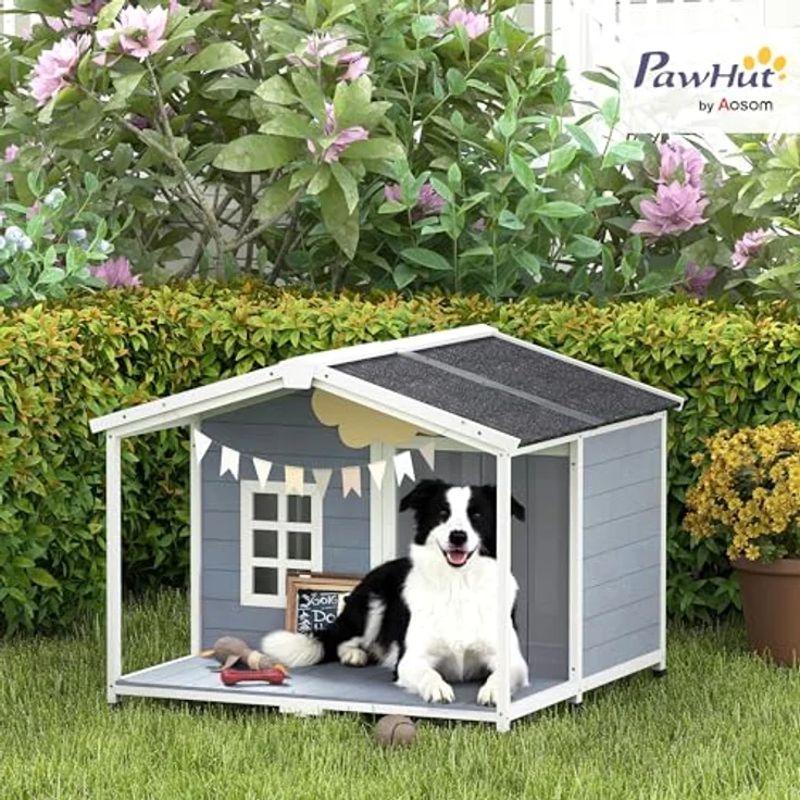 PawHut Hundehütte Wetterfestes Hundehaus aus Holz, Erhöhte Hundehöhle mit Aufklappbarem Asphaltdach, Terrasse und Fenster, für mittelgroße Hunde bis 20 kg, Grau, 103 x 107 x 83,5 cm – Bild 2