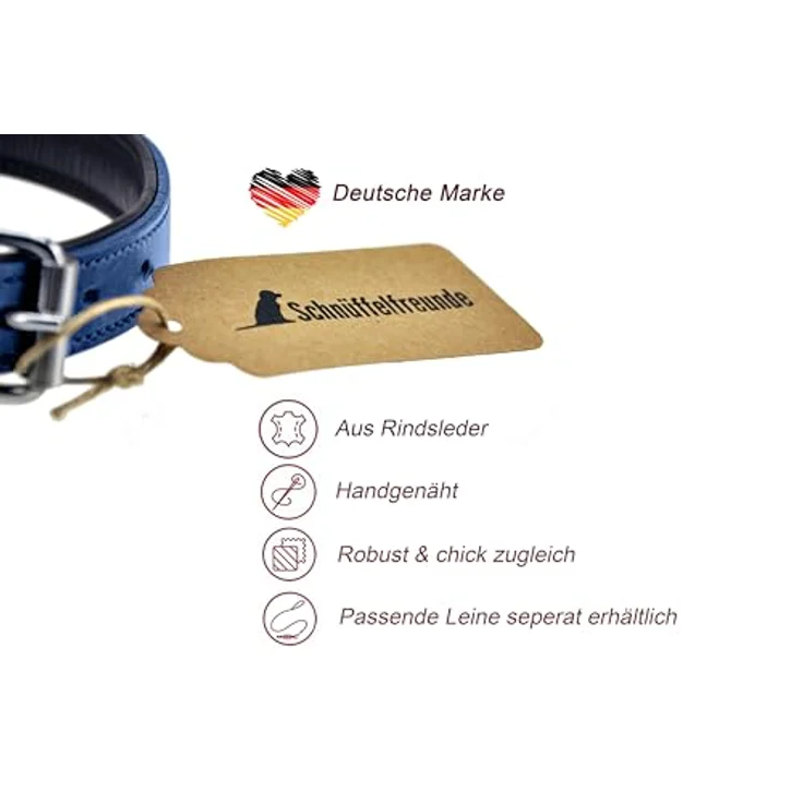 Schnüffelfreunde Lederhalsband für Hunde, handgenähtes, gepolstertes und robustes Hundehalsband in Blau, Größe L (36-45 cm) – Bild 2