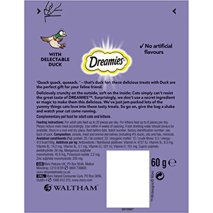 Dreamies Katzensnack Klassik - Sparpaket Ente, 6 x 60 g, knusprige Hülle mit cremig-weichem Kern, ohne künstliche Aromastoffe – Bild 3