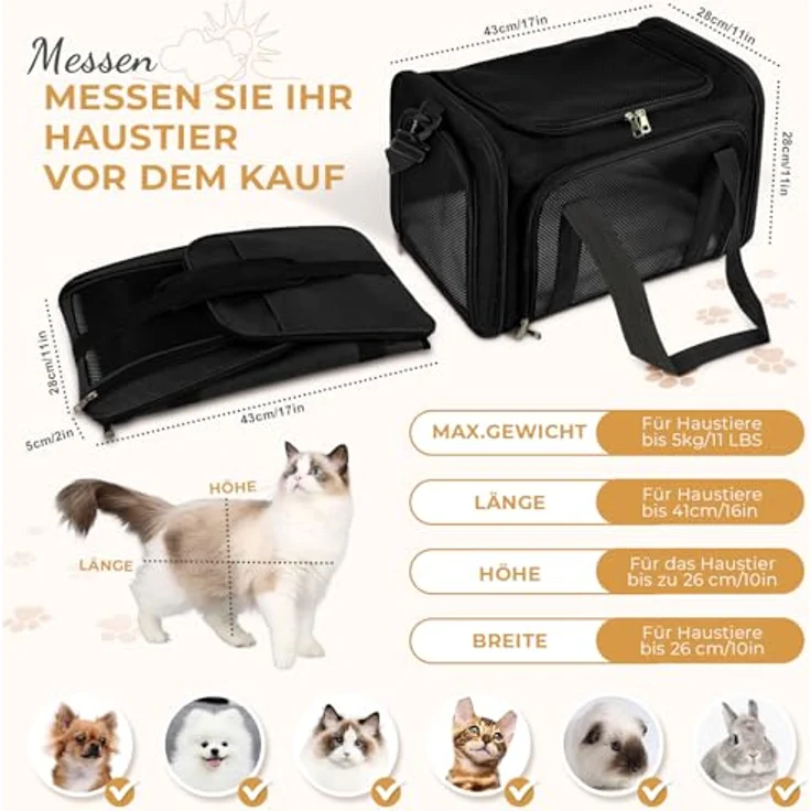 Lohofrnny Transporttasche Katze, Faltbare Tragetasche für Haustiere bis 5kg, Wasserabweisendes Polyester, schwarz, 43x28x28cm – Bild 2