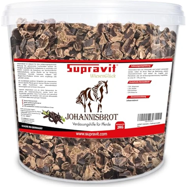 Supravit Johannisbrot 2kg, naturreines Carob Pferdefutter, ballaststoffreicher Pferdesnack ohne Zusatzstoffe im wiederverschließbaren Eimer – Bild 1