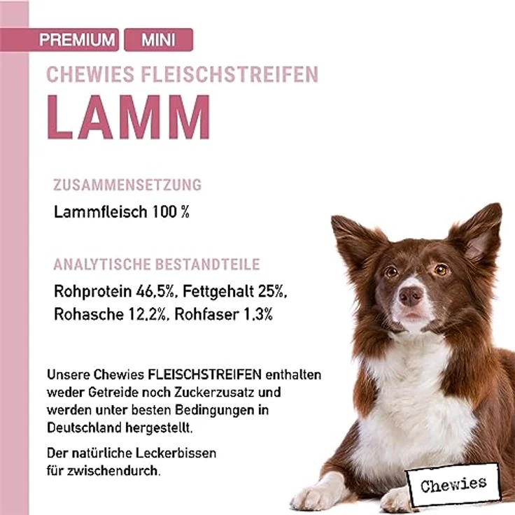Chewies Fleischstreifen Mini aus 100% Lamm, 70 g, hypoallergen & getreidefrei, getrocknete Kausnacks für Hunde – Bild 4