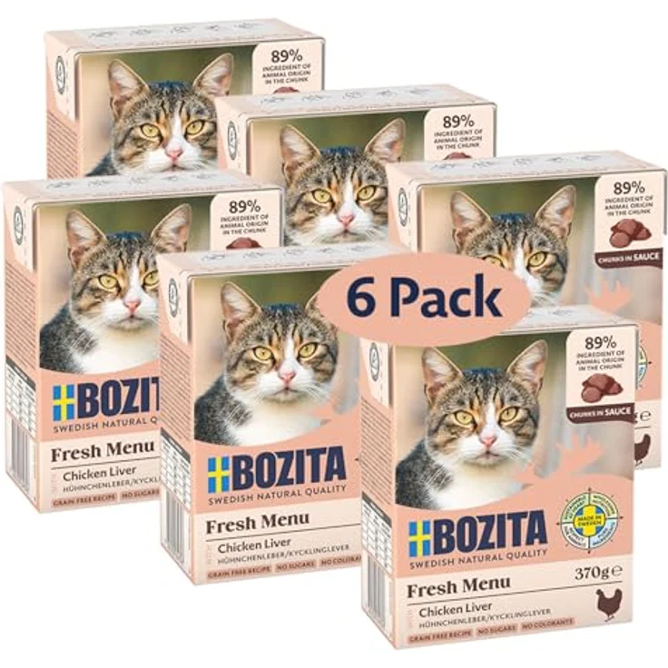 Bozita Tetra Häppchen in Sauce mit Hühnchenleber, 6x370g getreidefreies Nassfutter für Katzen, 7,5% Protein & 5% Fettgehalt, gentechnikfrei, hochwertig & schmackhaft – Bild 1