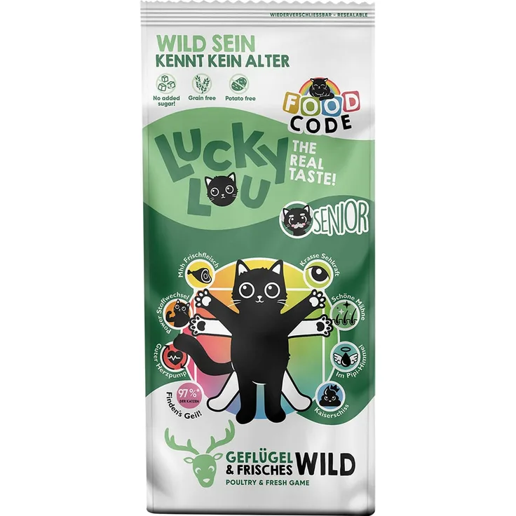 Lucky Lou Senior Geflügel und Wild, Katzen-Trockenfutter mit 8 Benefits für ganzheitliche Gesundheit, 3kg