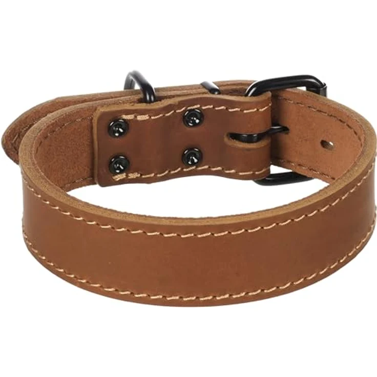 Flamingo Halsband Montana Leder BREIT, Cognac, Größe M 35-45CM, 35MM, für große Hunderassen, weiches Leder mit schwarzem Glanzfinish – Bild 2