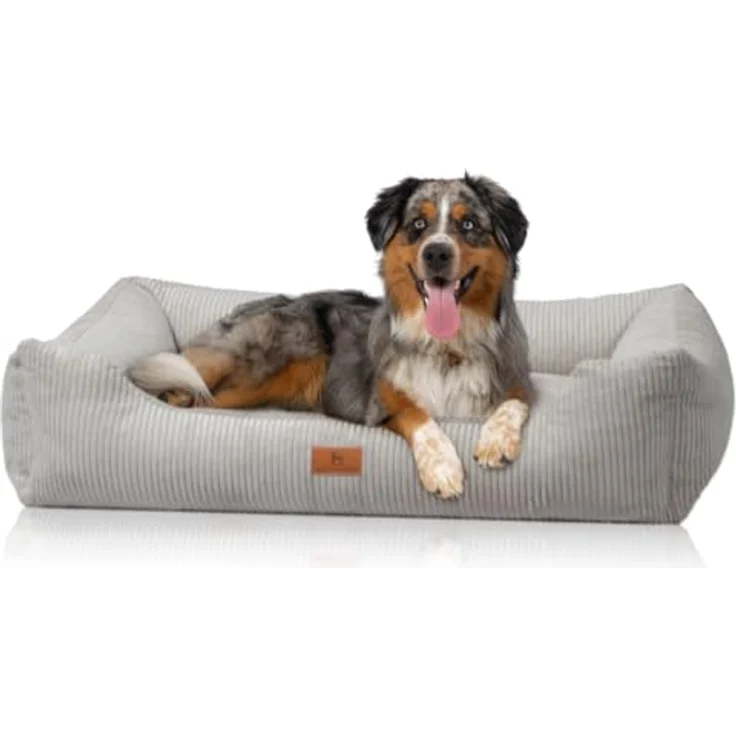 Knuffelwuff Hundebett XL aus geripptem Samt, handgewebtes Olivia-Motiv, 105 x 75 cm, Hellgrau, abnehmbare und waschbare Hülle, für große, mittlere und kleine Hunde – Bild 1