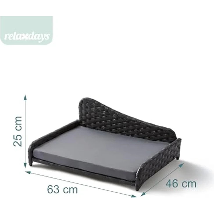Relaxdays Hundebett Rattan L, erhöhtes Hundesofa mit abnehmbarem Kissen, wetterfest, grau, HBT: 25x63x46 cm – Bild 4