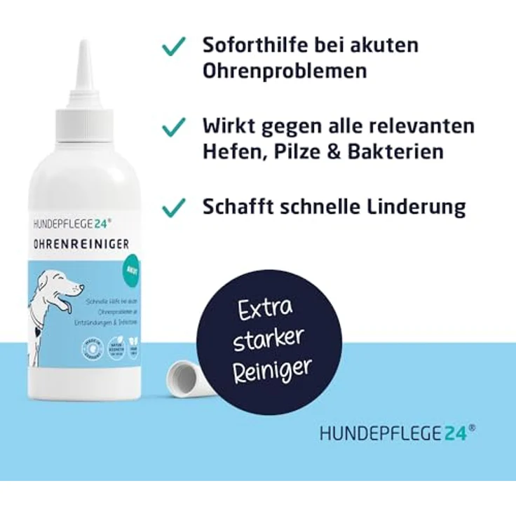 Hundepflege24 Ohrenreiniger für Hunde Akut, Extra-starker Ohrreiniger bei Entzündungen & Infektionen, natürliche Tropfen mit Piroctone Olamine, Kamille & Aloe Vera, 250ml – Bild 2