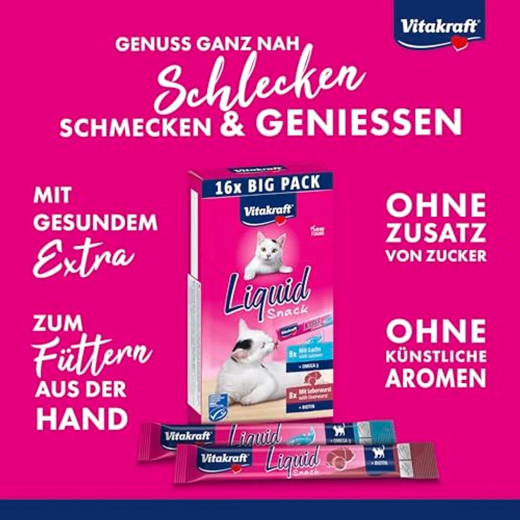 Vitakraft Liquid Snack, Katzen Leckerli cremig mit Leberwurst und Biotin, mit Lachs und Omega 3, Vorratspack (16x 15g) – Bild 2