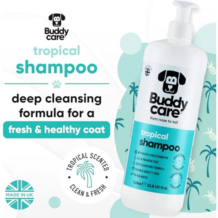 Buddycare Tropisches Hundeshampoo, Tiefenreinigendes Shampoo mit Aloe Vera und Pro-Vitamin B5, 1L, Erfrischender Duft, Vegan und Tierversuchsfrei – Bild 2