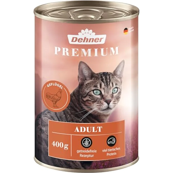 Dehner Premium Katzenfutter, Nassfutter gereidefrei, für ausgewachsene Katzen, Geflügel, 6 x 400 g Dose (2.4 kg) – Bild 2