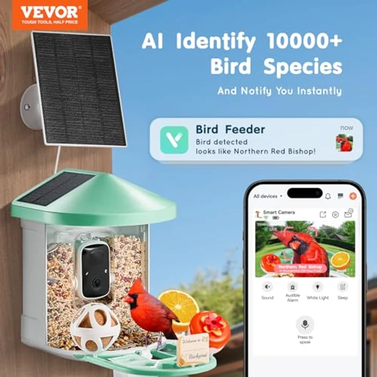VEVOR Vogelfutterhaus mit Kamera, 2K HD, KI-Vogelerkennung für über 10.000 Vogelarten, solarbetrieben mit automatischer Aufnahme und sofortiger Benachrichtigung, 3 Solarmodule, grün – Bild 2