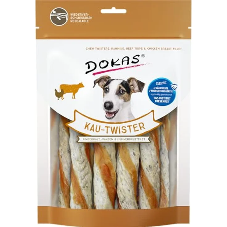 DOKAS Kau-Twister mit Rinderhaut, Pansen & Hühnerbrustfilet – Getreidefreier Premium Hundesnack, 200g – Bild 1