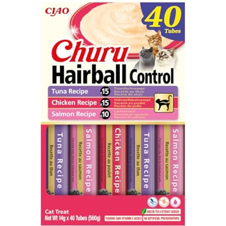 INABA Churu Hairball Control Katzenleckerlis, Cremige Katzen Schleckies mit Thunfisch, Huhn & Lachs, Reich an Omega 3 & 6, Ohne Getreide & Zucker, 40 x 14 g – Bild 2