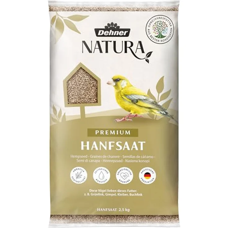 Dehner Natura Premium Wildvogelfutter, Hanfsaat, proteinreiches Ganzjahresfutter für Wildvögel, 2.5 kg – Bild 1