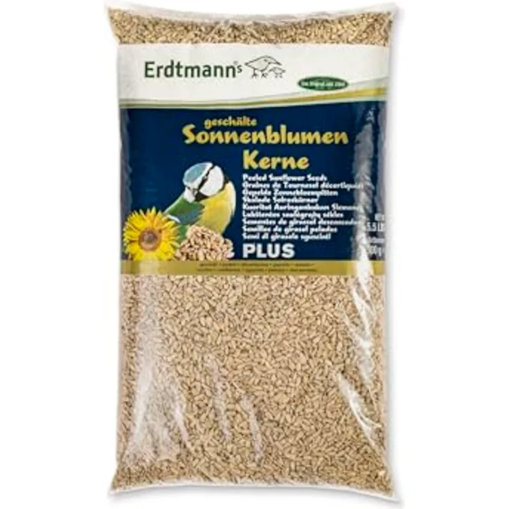 Erdtmann's geschälte Sonnenblumenkerne PLUS, Vogelfutter für Wildvögel, 2,5 kg Flachbeutel ohne Schalenrückstände