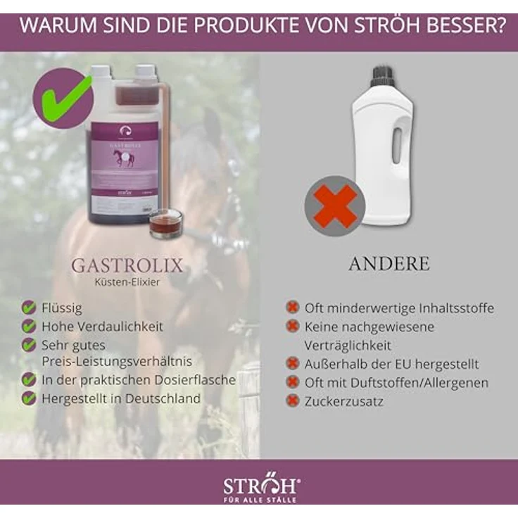STRÖH GASTROLIX (1l), Kräutermischung zur Stabilisierung des Magen-Darm-Trakts für Pferde, zuckerfrei, natürlicher Magenschutz für empfindlichen Magen – Bild 5