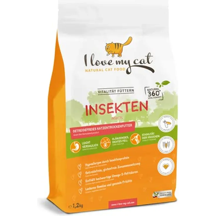I Love My Cat Hochwertiges getreidefreies Trockenfutter mit frischem Insektenprotein und hohem Omega-3-Gehalt für Katzen - 1,2 kg - Hypoallergen und nährstoffreich