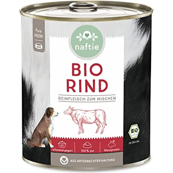 naftie Bio Hundefutter 100% Bio-Rind, Reinfleisch Nassfutter für Hunde, glutenfrei & getreidefrei, 800g Dosen