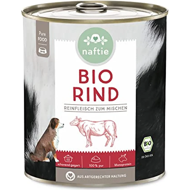 naftie Bio Hundefutter 100% Bio-Rind, Reinfleisch Nassfutter für Hunde, glutenfrei & getreidefrei, 800g Dosen – Bild 1