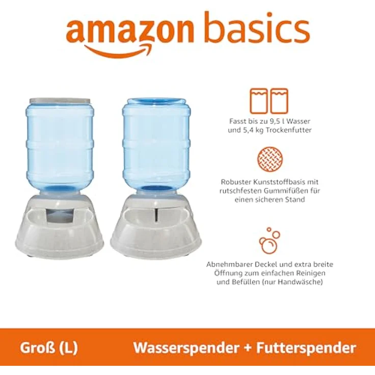 Amazon Basics Futter- und Wasserspender für Hunde, 2,5 Gallonen, 2-in-1-Set, Größe L, Weiß, Klar, schwerkraftbasierte Versorgung – Bild 2
