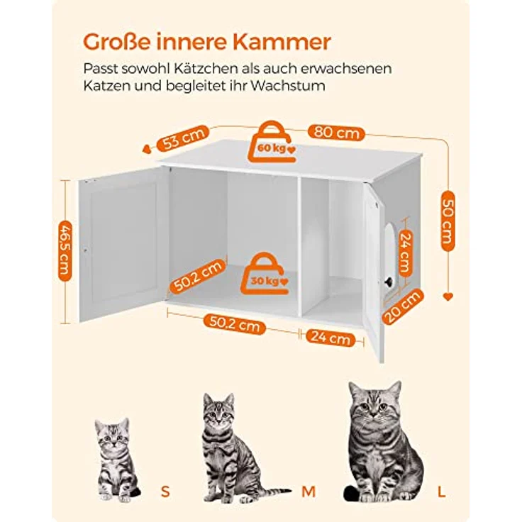 Feandrea Katzenhaus PCL002W01, Katzenklo-Schrank mit herausnehmbarer Trennwand, 80 x 53 x 50 cm, weiß, stilvolles Design und großer Innenraum – Bild 5