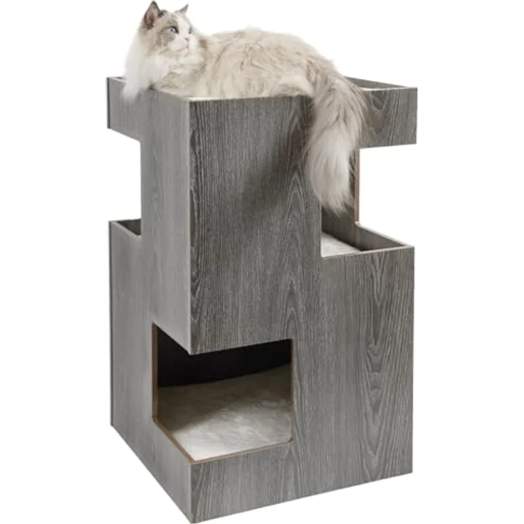 CanadianCat Company Cat Castle, Premium Katzenbett aus Holz mit 2 Höhlen, inkl. 3 waschbaren Kissen, dunkelgrau, 50 x 50 x 80 cm – Bild 1
