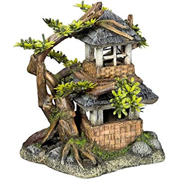 Nobby Aqua Ornaments Haus mit Bonsai, detailgetreue Aquariendekoration aus ungiftigem Polyresin, 17,5 x 15,5 x 19,8 cm