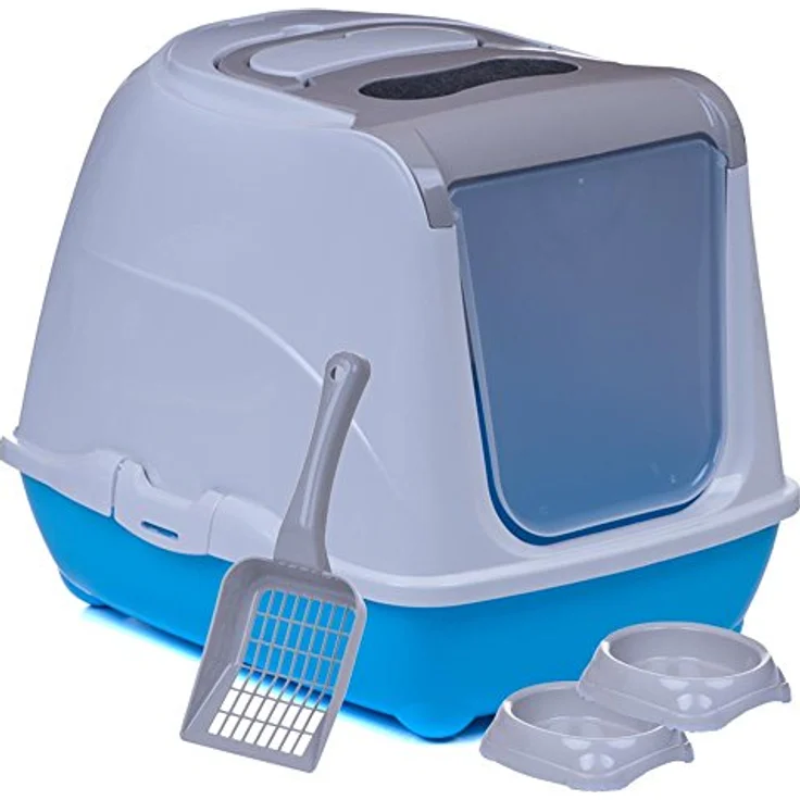 adena Katzentoilette Sondermodell 50, graubeige und türkis mit Schaufel, Aktivkohlefilter und abnehmbarem Deckel – Bild 1