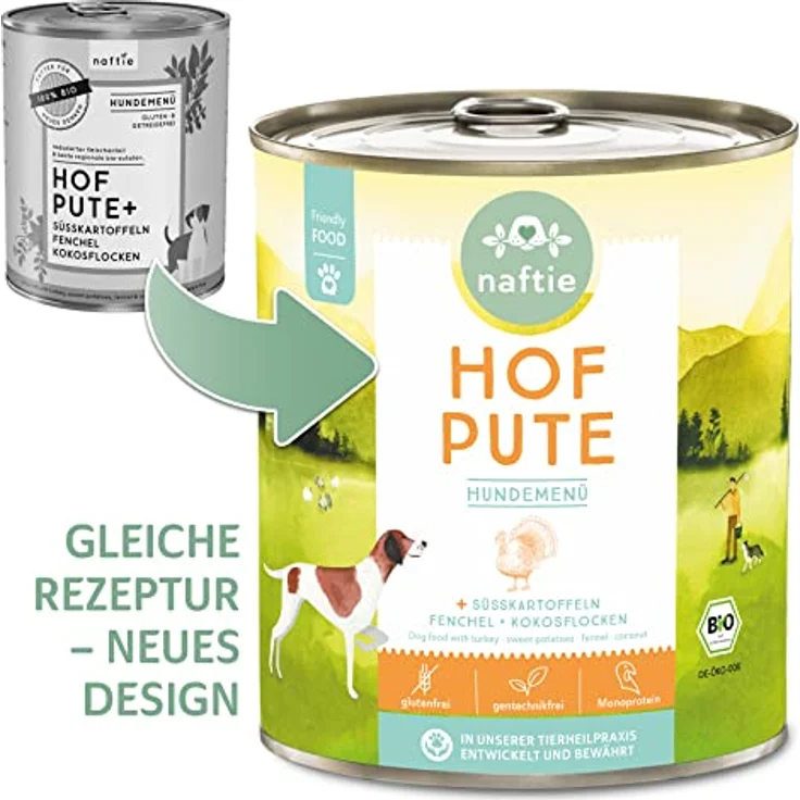 naftie Bio Hundefutter Hof Pute, Premium Nassfutter mit Putenfleisch & Süßkartoffeln, getreidefrei, glutenfrei, purinarm, 800g Dose – Bild 3