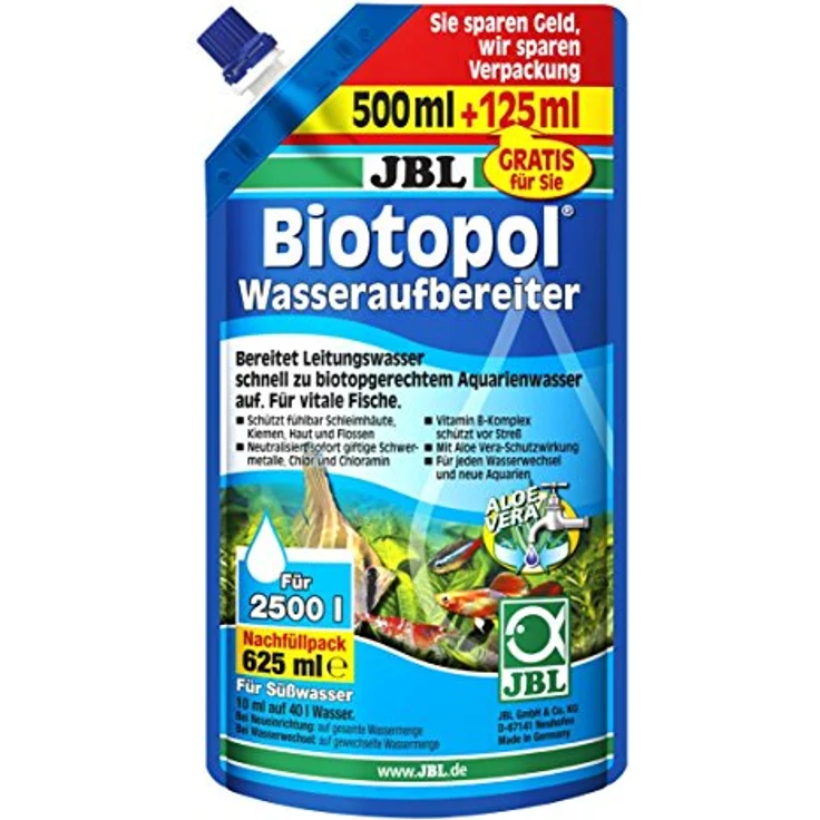 JBL Biotopol 23005 Wasseraufbereiter für Süßwasser Aquarien, Nachfüllpack 625 ml mit Aloe Vera und Vitaminen B für gesunde Fische – Bild 1